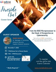 A flyer for ignite hubs fireside chat in November with guest speaker Juan Zavala