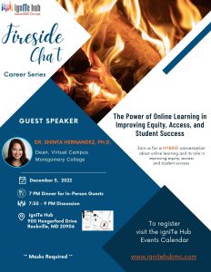 A flyer for ignite hubs fireside chat in December with guest speaker Dr. Shinta Hernandez