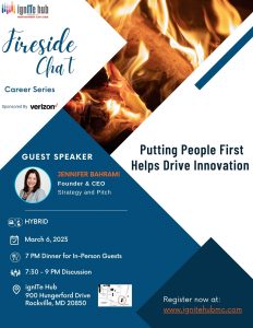 Fireside chat career series event on March 6th with guest speaker Jennifer Bahrami talk about putting people first helps drive innovation
