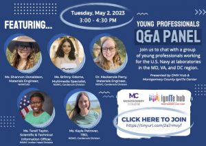Join us to chat with a group of young professionals working for the U.S. Navy at laboratories in the MD, VA, and DC region. Presented by DMV Hub & Montgomery County IgniTe Center. Event on 5/2/2023