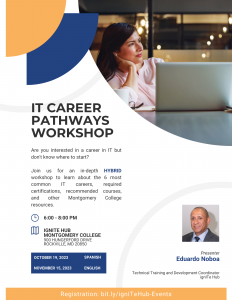 IT Career Pathways Workshop flyer, image of presenter Eduardo Noboa.