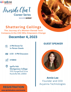 Fireside Chat Career Series with guest speaker Anne Lee, founder and CEO of Avyanna Technologies to talk about her journey in creating and running a women-owned tech company.