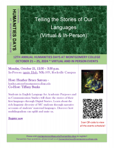 Humanities Days Flyer for Telling the Stories of Our Languages Event by Heather Satrom