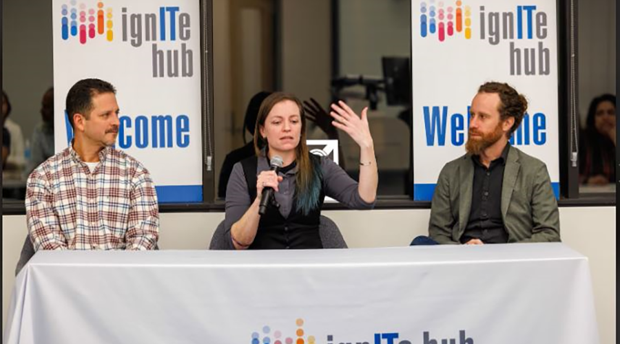 Mike Melendez, Lauren Hanyok And Ryan Hanyok Leading A Discussion At The Ignite Hub Classroom During Their Fireside Chat Event On February 16th, 2023