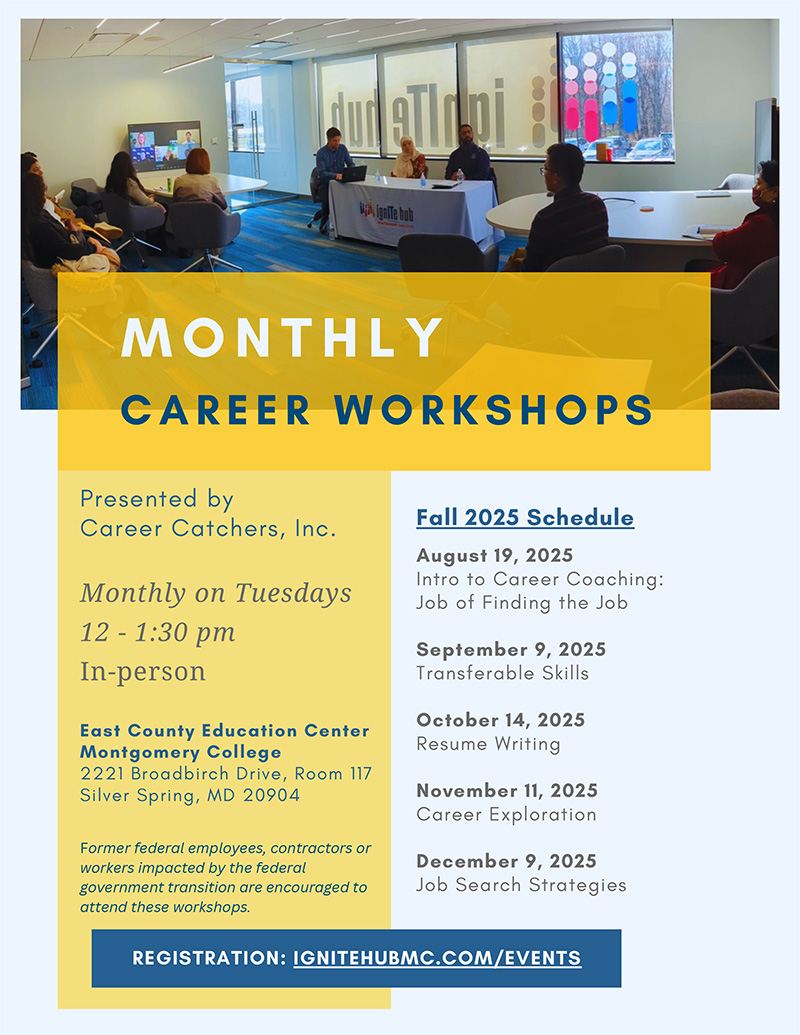 MONTHLY CAREER WORKSHOPS. Presented By Career Catchers, Inc. Monthly On Tuesdays 12 - 1:30 Pm In-person. REGISTRATION: IGNITEHUBMC.COM/EVENTS